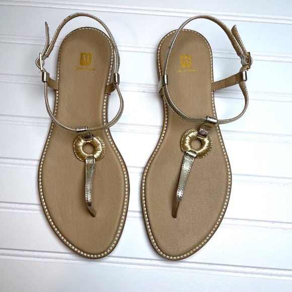 Bruno Magli Jenna Women 9.5 Gold Leather T-Strap Sandals Made in Portugal Raffia - Picture 3 of 11